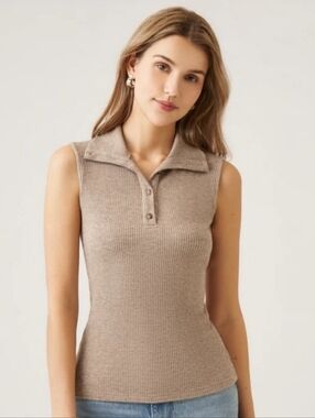 OGL Cashsoft Thick Rib Turtleneck Buttoned Henley Tank Top